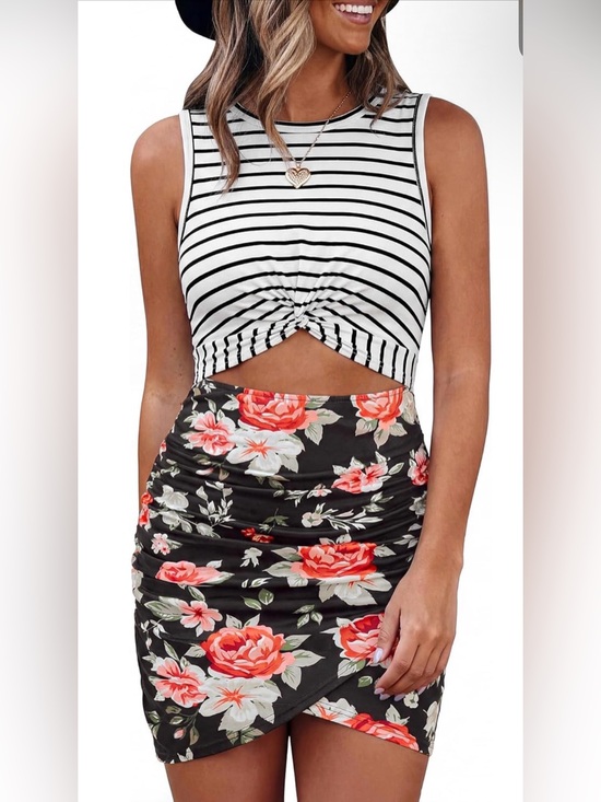 BTFBM Dresses & Skirts - Striped & Floral Twist-Front Black Midi Dress in Pink